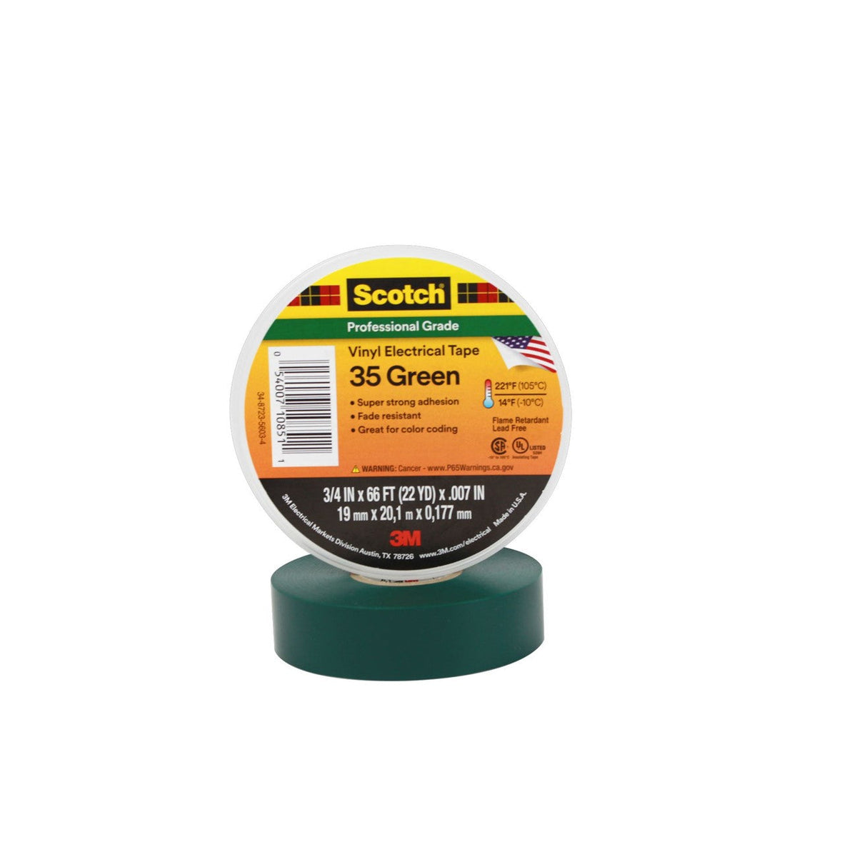 3M 7000006098 Scotch Vinyl Electrical Color Coding Tape 35 3/4 inch x 66 ft Green