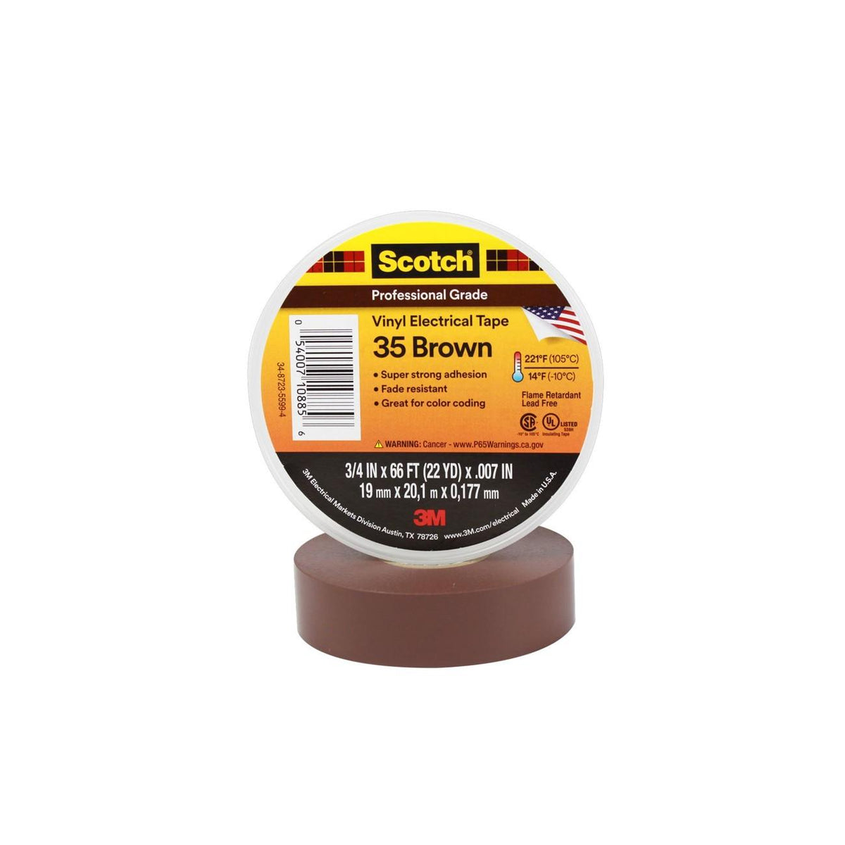 3M 7000031580 Scotch Vinyl Electrical Color Coding Tape 35 3/4 x 66 ft Brown