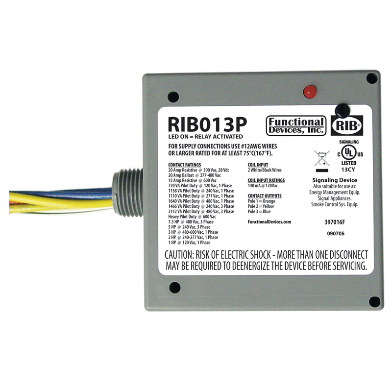 Functional Devices RIB013P RIB Enclosed Pre-Wired Relay: 120V AC, 15A @ 600V/20A @ 300V, 20A @ 28V