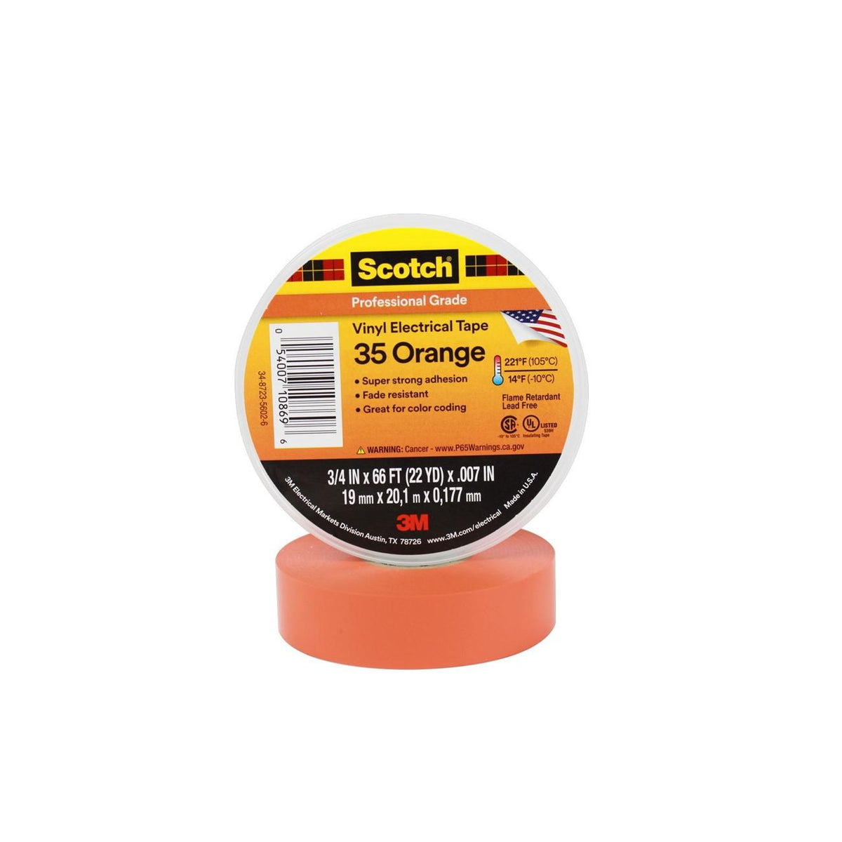 3M 3M7000031581 Scotch Vinyl Electrical Color Coding Tape 35 3/4 x 66 ft Orange