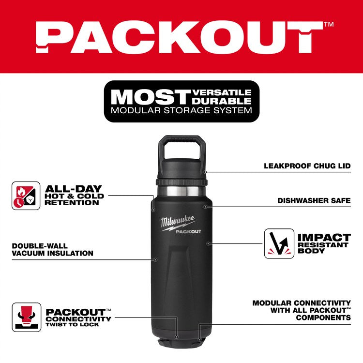 Milwaukee Tool 48-22-8397B Tumbler Insulated Bottle Packout 36oz with Chug Lid Black