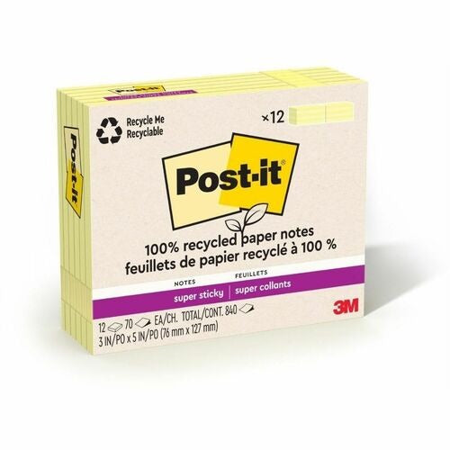 3M 3M MMM655R12SSCY Recycled Super Sticky Notes 3 inches x 5 inches 12/Pack