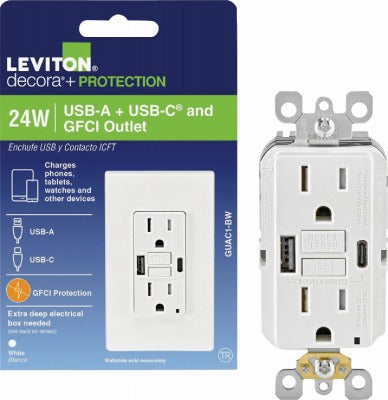 LEVITON Leviton RN2-GUAC1-0BW Gfci Usb Outlet 15A 24W Type A/c
