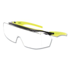 MCR Safety OG220PF420 Klondike OTG Series Polycarbonate Clear Lens Black Frame Hi-Viz Lime Temple MAX6 Anti-Fog UV420