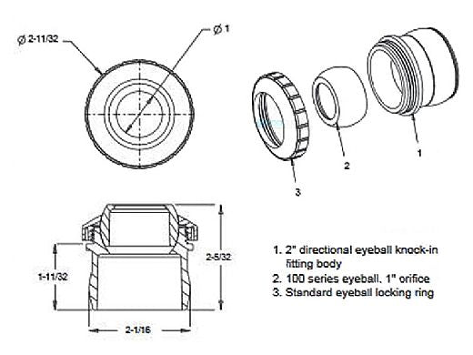 AquaStar 6101 Three Piece Directional Eyeball Fitting | 2 Knock-in | with 1 Orifice | White | 6101