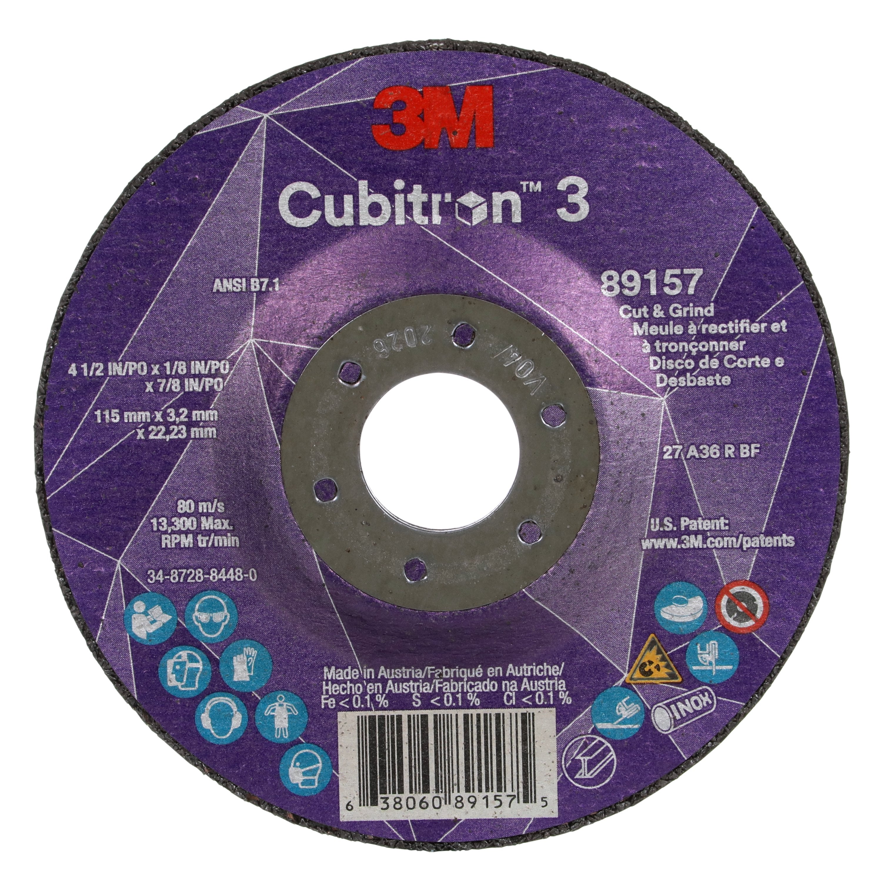 3M 3M 7100305149 Cubitron 3 36+ Grit Ceramic Grain Type 27 Depressed Center Combination Wheel (4-1/2 in x 1/8 in x 7/8 in) 3MA638060-89157