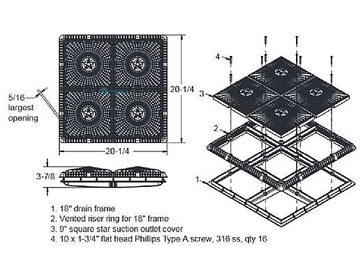 AquaStar P18101 18 Square Mud Frame with Four 9 Square Star Anti-Entrapment Suction Outlet Covers Vented Riser Rings White