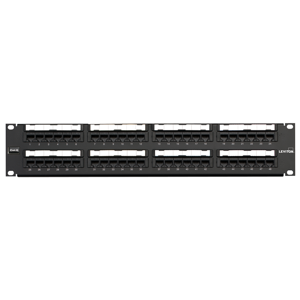 Leviton 69586-U48 CAT6 Universal Patch Panel, 48-Port, 2U RMS, with Cable Management Bar