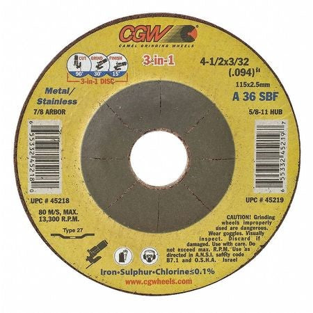 CGW 45219 Type 27 Depressed Center 4-1/2 inch x 3/32 inch x 5/8-11 A36S Cut/Grind Combo Wheel 45219