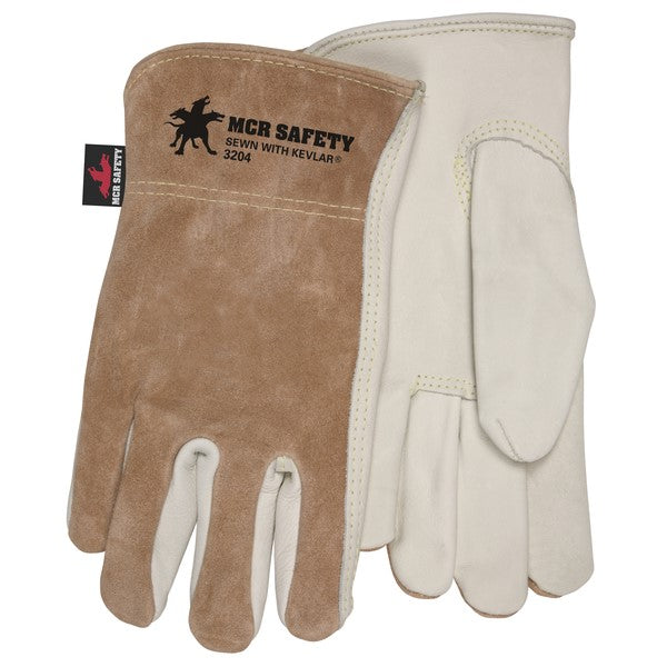 MCR Safety 3204L Premium Grade General Purpose Gloves Driver Gunn Pattern Keystone Thumb Large Grain Cowhide Leather Palm Kevlar Thread Leather Beige Open Slip-On Cuff Resists Abrasion