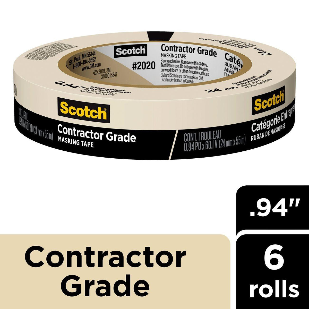 3M 7100186346 Contractor Grade 2020 Masking Tape, Tan, 24 MM W, 55 M L, 6 RL/PK, 4 PK/CS