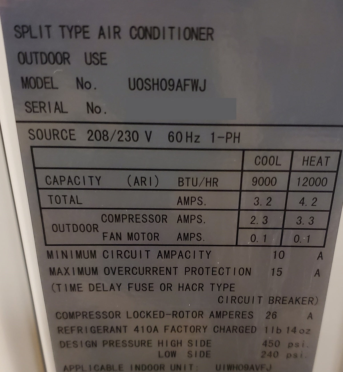 9,000 BTU SINGLE-ZONE INVERTER OUTDOOR MINI-SPLIT HEAT PUMP UNIT, 208-230/60/1 R-410A 23 SEER