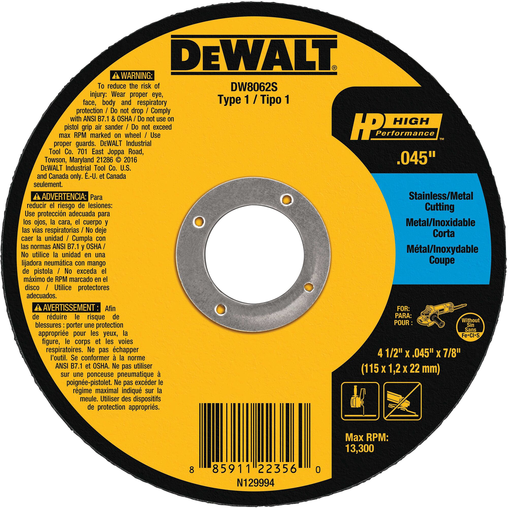 DeWalt DW8062S Cfree Thin Cutoff Wheel, 4-1/2-Inch x .045 x 7/8-Inch