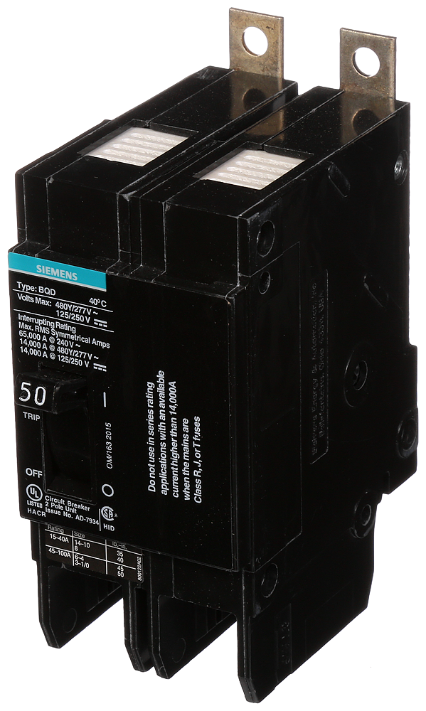 Siemens BQD250 2-Pole 50 Amp 480 VAC 14 kA Circuit Breaker