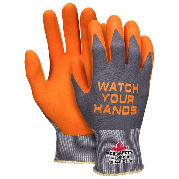 MCR Safety 96790HVIXL 15 Gauge Nylon Gloves with Orange NFT Coating X-Large Knit Wrist Cuff