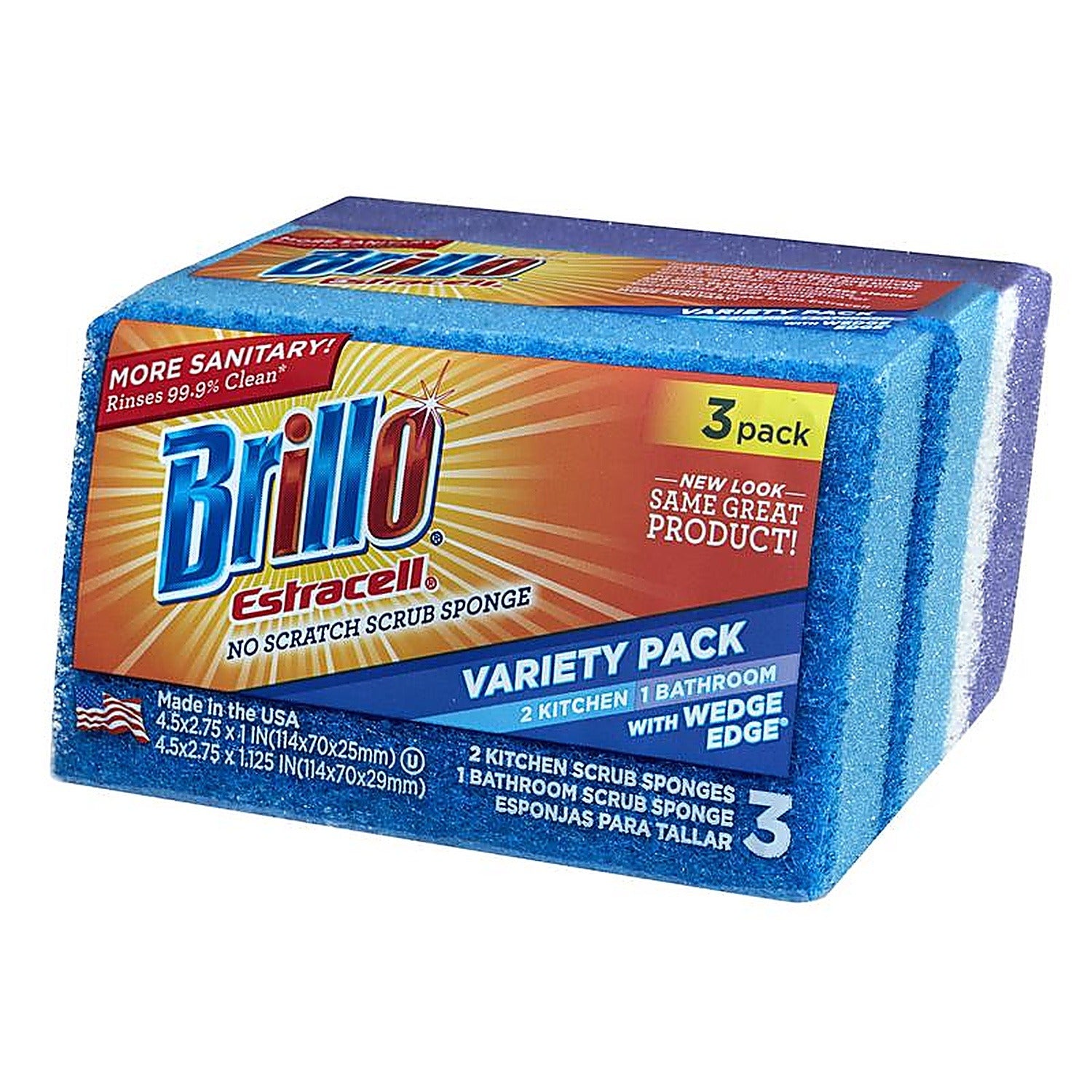 BRILLO Brillo 21035 Estracell Sponges Premium Long Lasting Kitchen and Bathroom Wedge Edge (3 Count Pack)