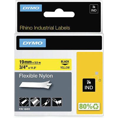 Dymo 18491 Industrial Rhino Flexible Nylon Label Cartridge 3/4 in W x 11.5 ft L Black Print on Yellow