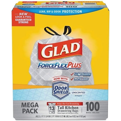 Glad CLO70427 ForceFlex Tall Kitchen Drawstring Trash Bags 13 gal White