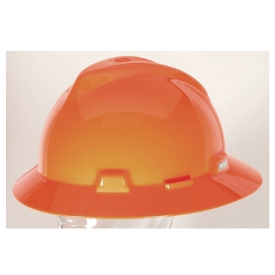 MSA 489360 V-Gard Protective Hat, Staz-On Suspension, Full-Brim, Slotted, Hi-Viz Orange