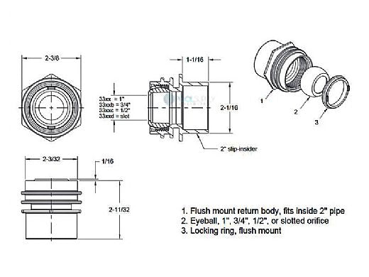 AquaStar 3305 Flush-Mount Return Fitting with Water Stop Eyeball and Nut