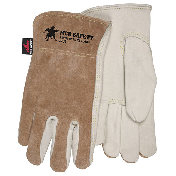 MCR Safety 3204L Premium Grade General Purpose Gloves Driver Gunn Pattern Keystone Thumb Large Grain Cowhide Leather Palm Kevlar Thread Leather Beige Open Slip-On Cuff Resists Abrasion