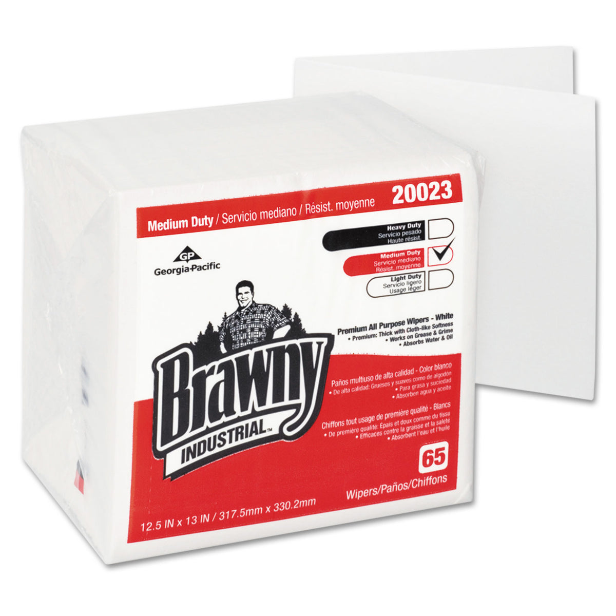 Georgia-Pacific 20023 Brawny Industrial Medium Duty All Purpose DRC Wiper White 13 Inches x 12.5 Inches 65 per Pack