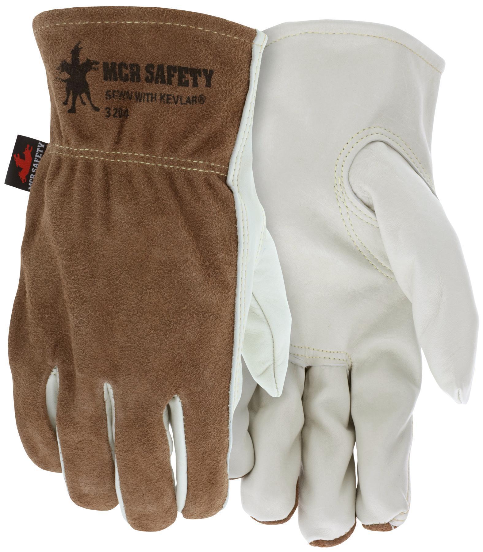 MCR Safety 3204L Premium Grade General Purpose Gloves Driver Gunn Pattern Keystone Thumb Large Grain Cowhide Leather Palm Kevlar Thread Leather Beige Open Slip-On Cuff Resists Abrasion