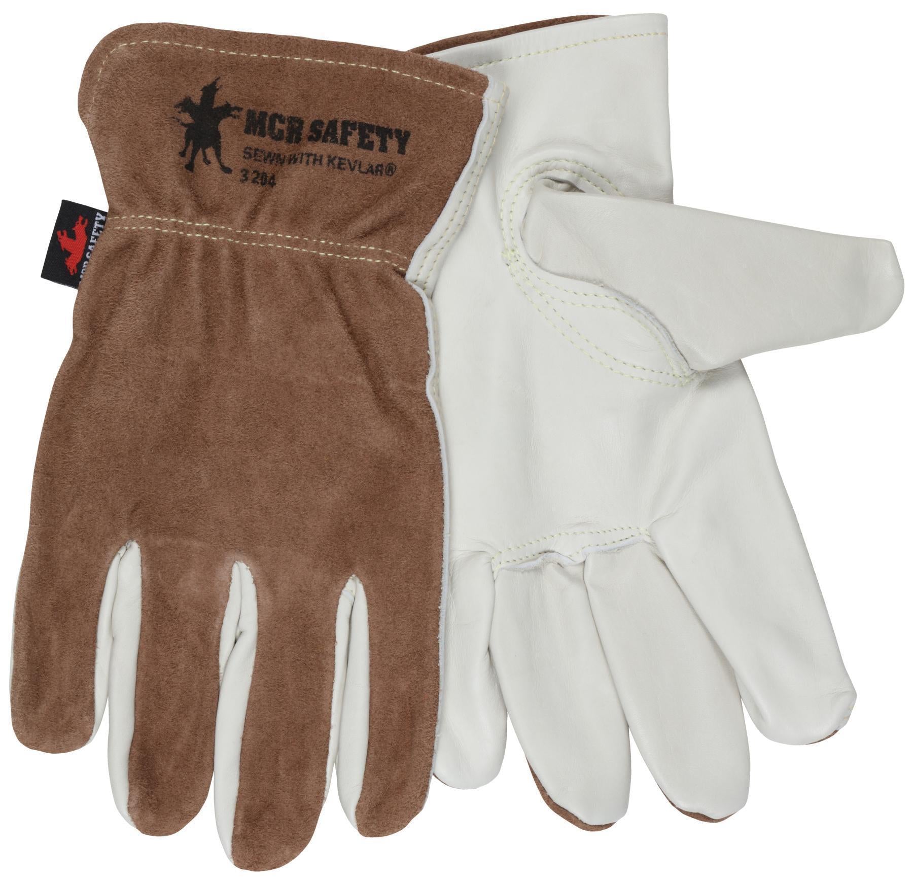 MCR Safety 3204L Premium Grade General Purpose Gloves Driver Gunn Pattern Keystone Thumb Large Grain Cowhide Leather Palm Kevlar Thread Leather Beige Open Slip-On Cuff Resists Abrasion