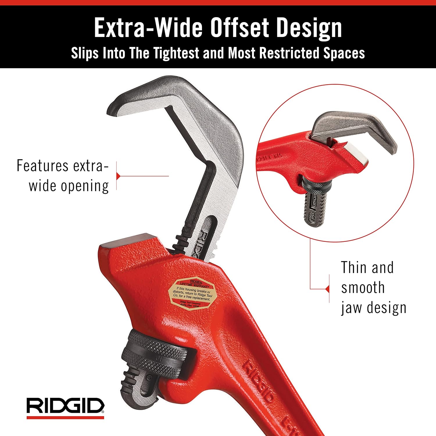 RIDGID 31305 Model E-110 9-1/2 Inch Offset Hex Jaw Pipe Wrench, Red, Made in the USA