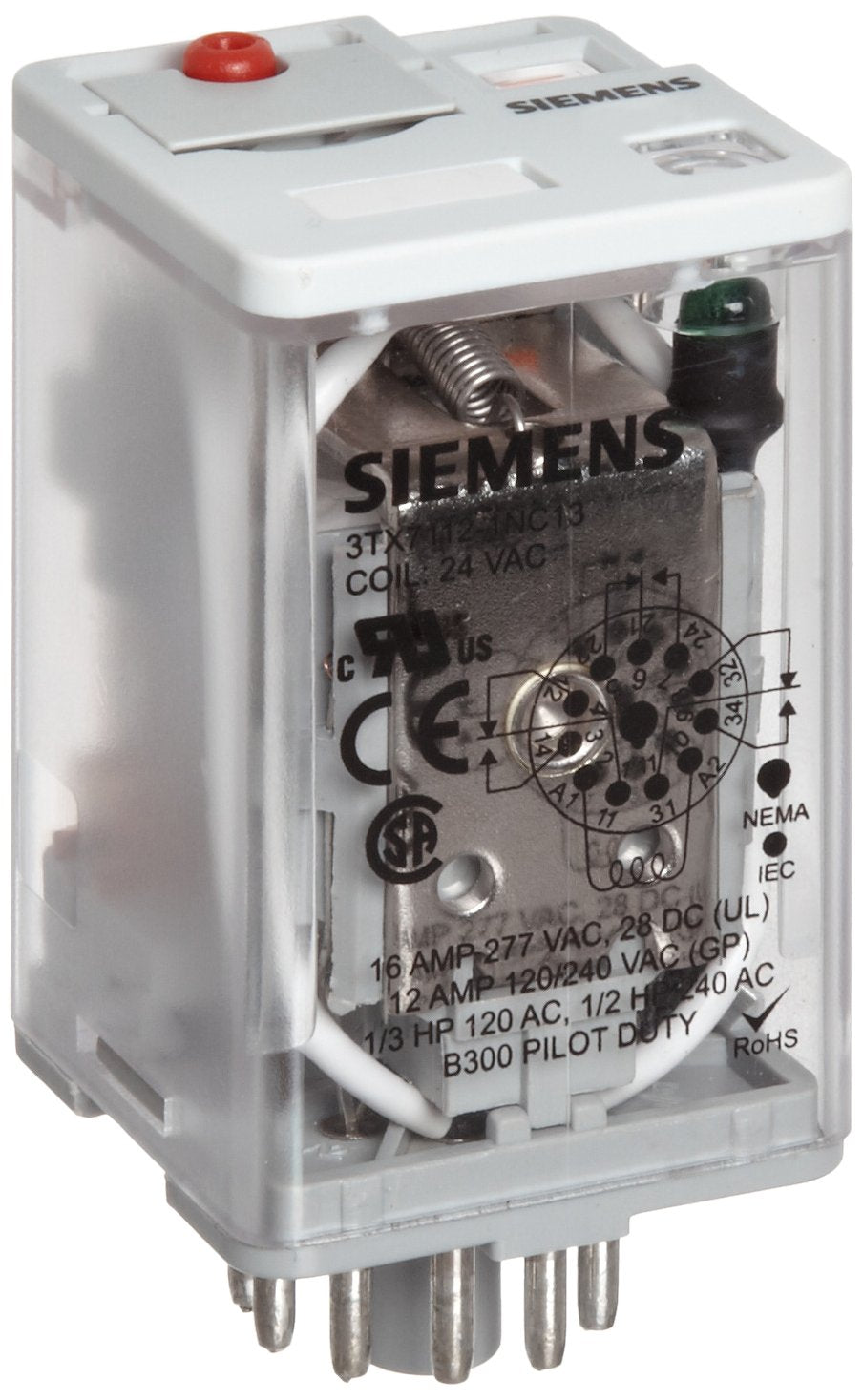 SIEMENS 3TX7112-1NC13 Premium Plug In Relay Standard Octal Base Mechanical Flag LED 3PDT Contacts 16A Contact Rating 24VAC Coil Voltage