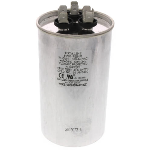 Carrier P291-7554R Dual Capacitor 75/5 MFD 440V Round Replacement Part