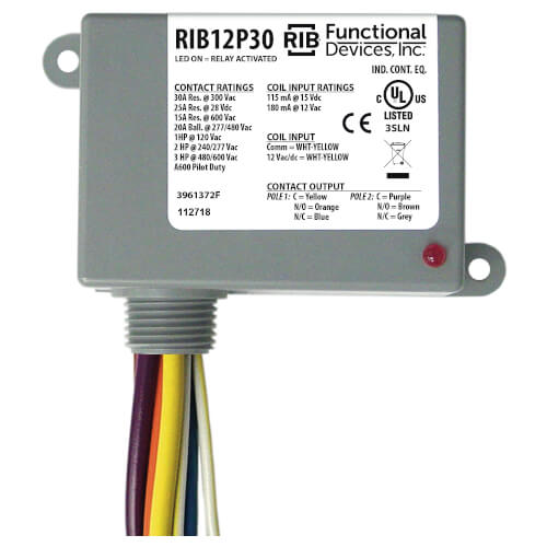 Functional Devices RIB12P30 Enclosed Relay 30A DPDT 12Vac/dc