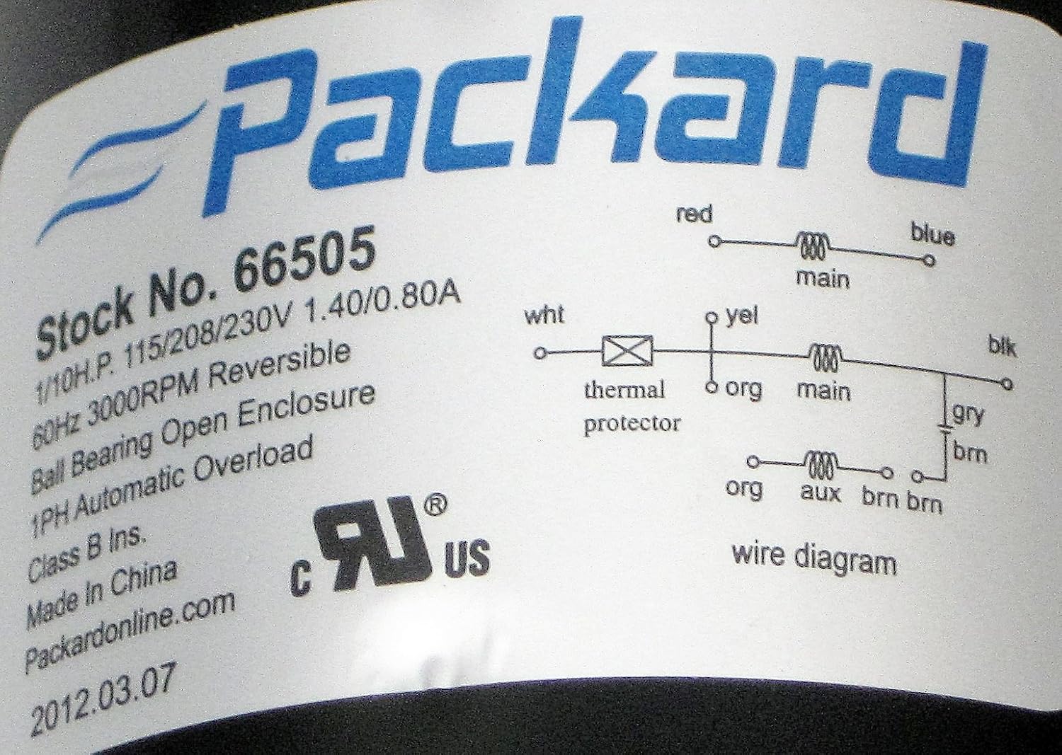 Packard 66505 Unit Heater Motor 1/10 HP 115/208-230V Replaces CCW175-43846