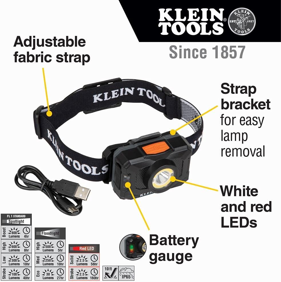 Klein Tools 56414 Rechargeable 2-Color LED Headlamp 800 Lumens USB Cable