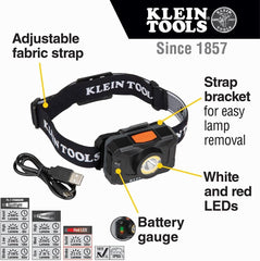 Klein Tools 56414 Rechargeable 2-Color LED Headlamp 800 Lumens USB Cable