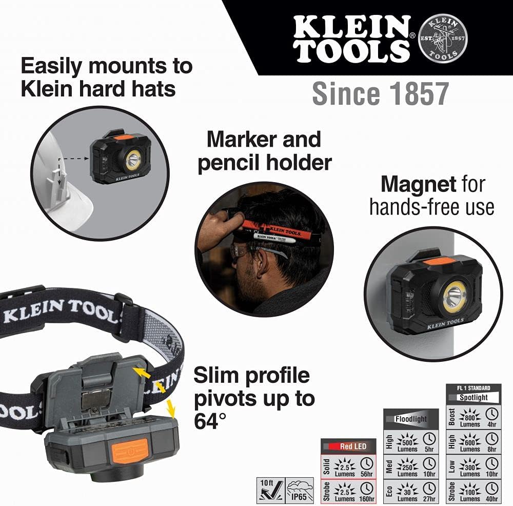 Klein Tools 56414 Rechargeable 2-Color LED Headlamp 800 Lumens USB Cable