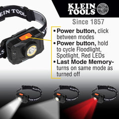 Klein Tools 56414 Rechargeable 2-Color LED Headlamp 800 Lumens USB Cable