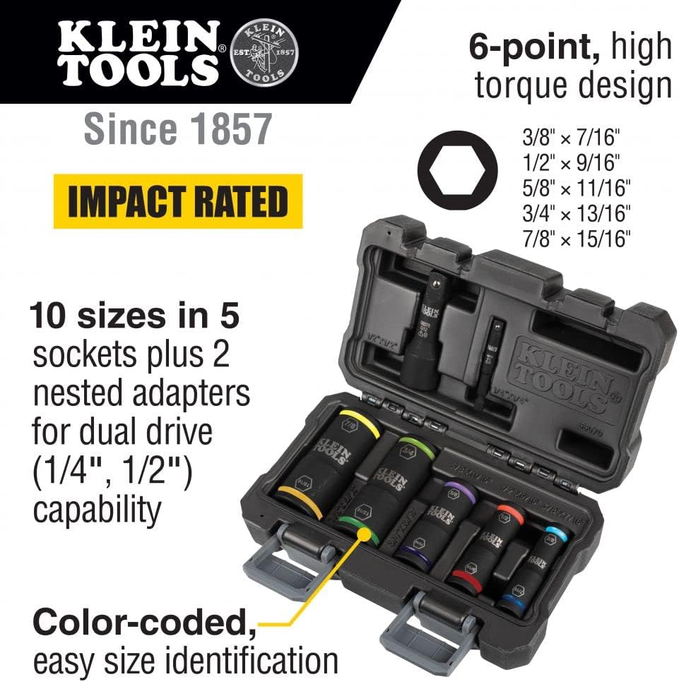 Klein Tools 66070 Impact Socket Set, 7-Piece Flip Socket with Dual Drive Adapters