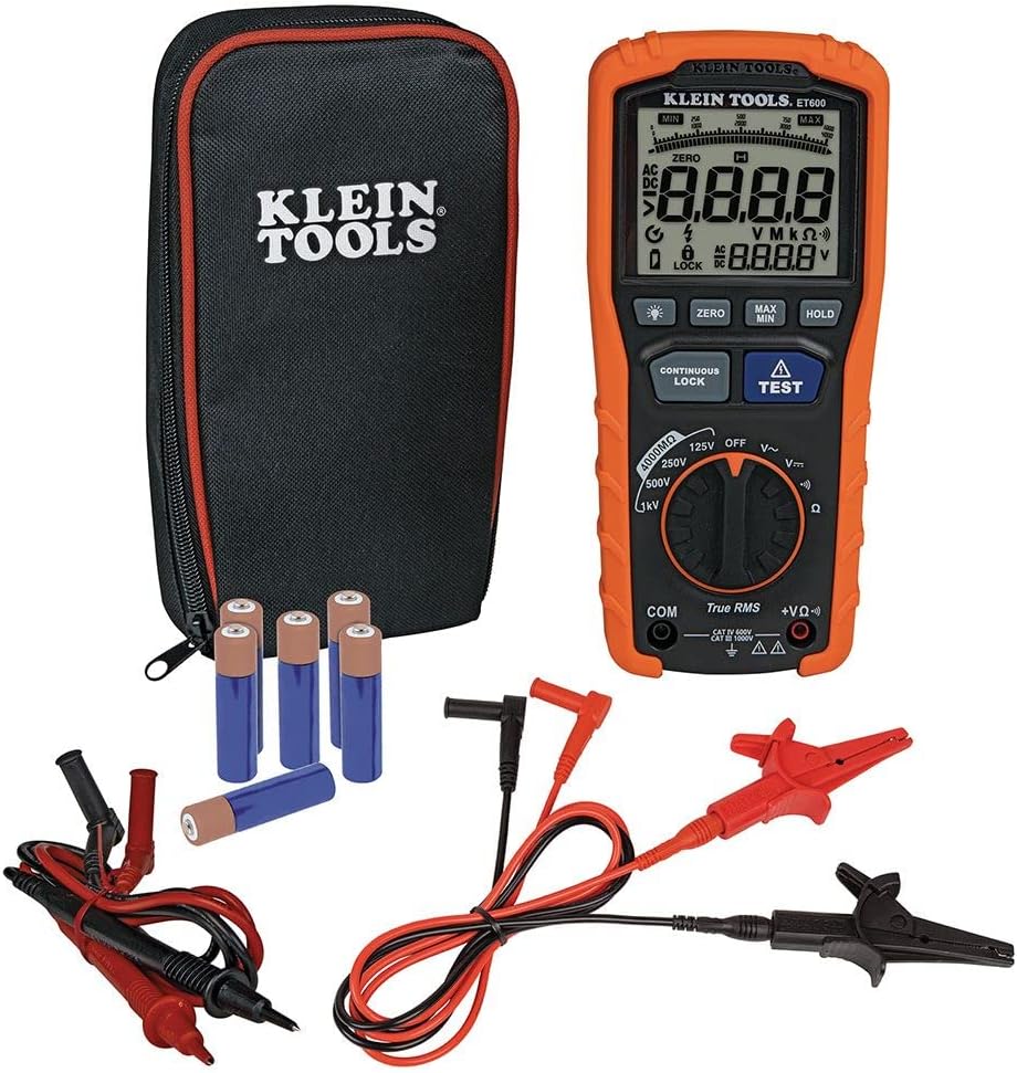 Klein Tools ET600 Multimeter MegohmmeterInsulation Tester 4000 OhmsResistance 125V/250V/500V/1000V Auto-Ranging TRMS Multimeter Klein Tools ET600