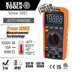 Klein Tools MM720 Digital Multimeter TRMS Auto-Ranging 1000V Temp Low Impedance