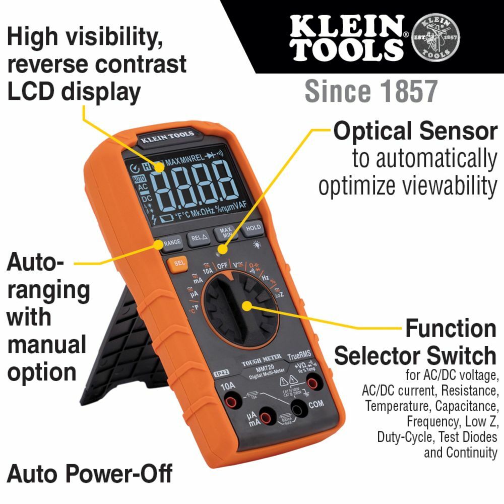 Klein Tools MM720 Digital Multimeter TRMS Auto-Ranging 1000V Temp Low Impedance