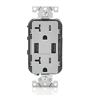 Leviton T5832-GY USB Charger Duplex Tamper-Resistant Receptacle 20A 125VAC Gray