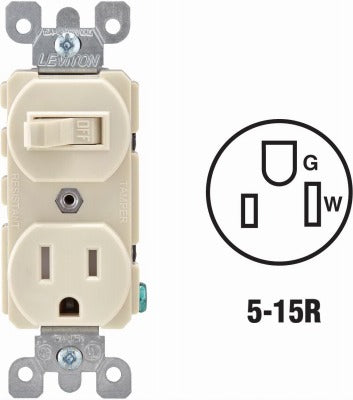 LEVITON Leviton R66-T5225-0TS Tamper Resistant Switch Outlet Combo