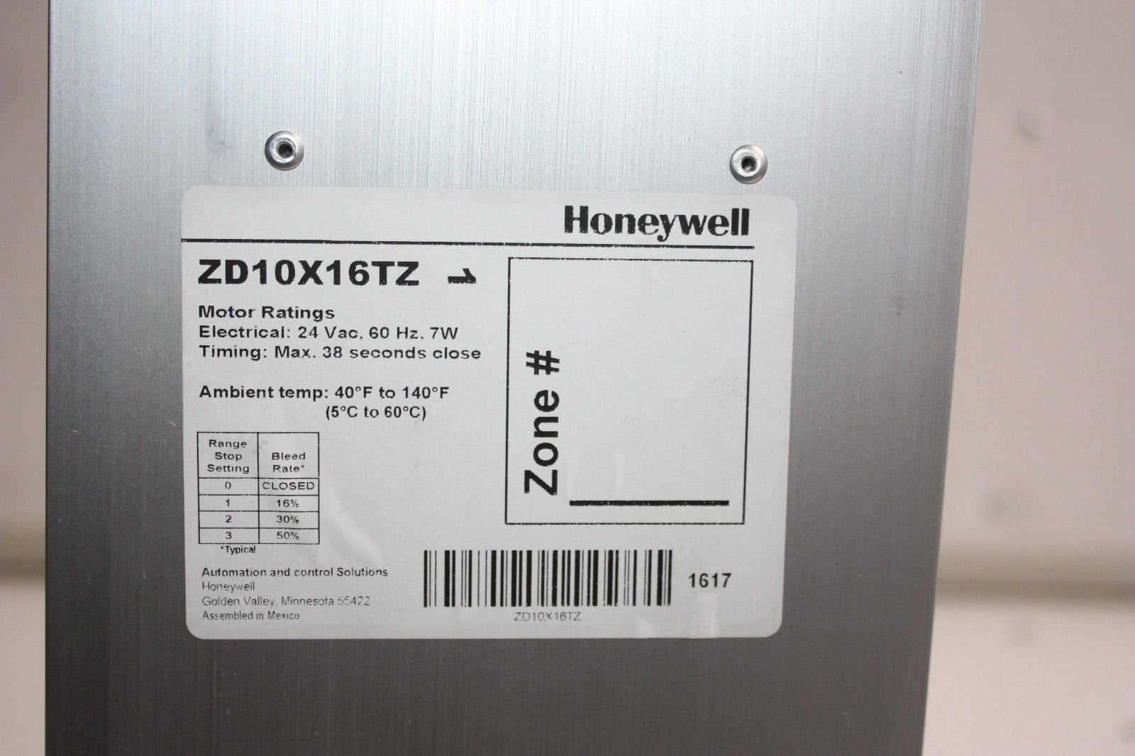 Honeywell ZD10X16TZ TrueZONE Damper 24V Motor 10x16 Inches Replacement ZD10x16TZ