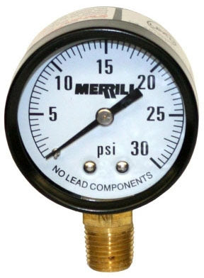 Merrill PGNL30 Pressure Gauge 1/4 Inch MPT 0 to 30 PSI 2 Inch Dial Lead-Free Steel Case Brass Lower Connection