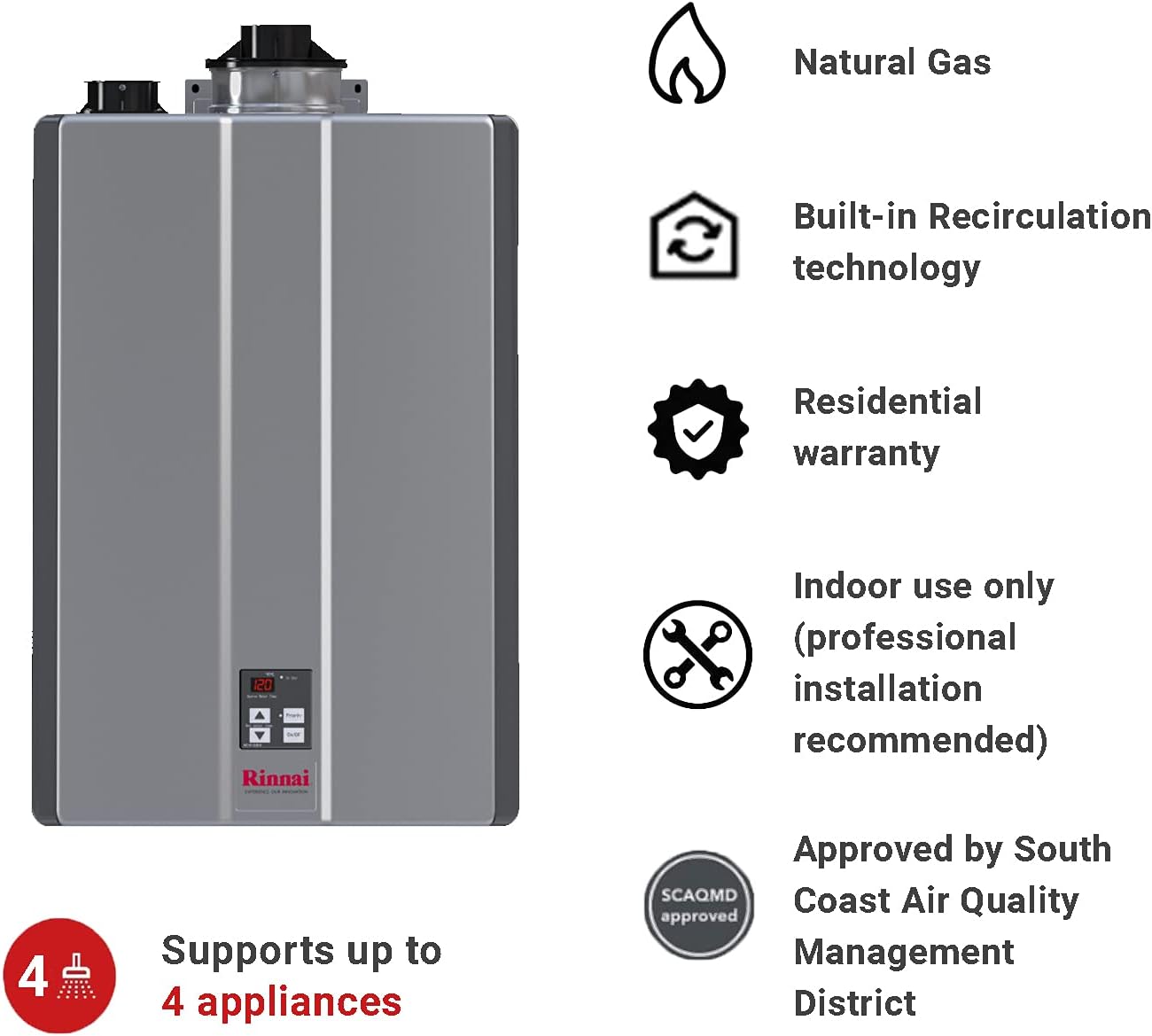 Rinnai RU130iN Condensing Tankless Hot Water Heater 7 GPM Natural Gas Indoor Installation