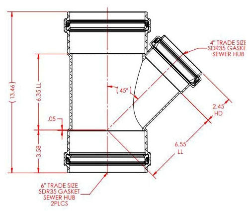 NAPCO G306-4 6x6x4 inches SDR 35 Gasketed Reducing Wye