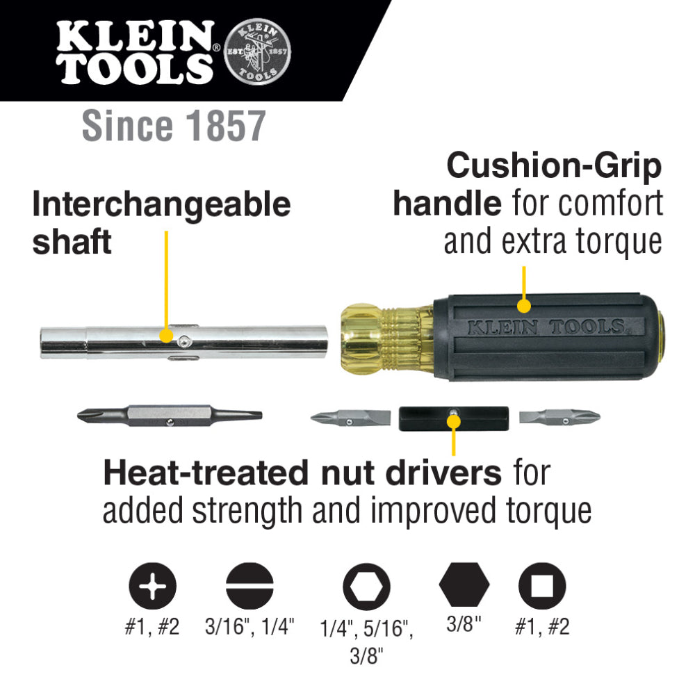 Klein Tools 32557 Multi-Bit Screwdriver/Nut Driver, Heavy Duty 10-in-1 with Interchangeable Shafts