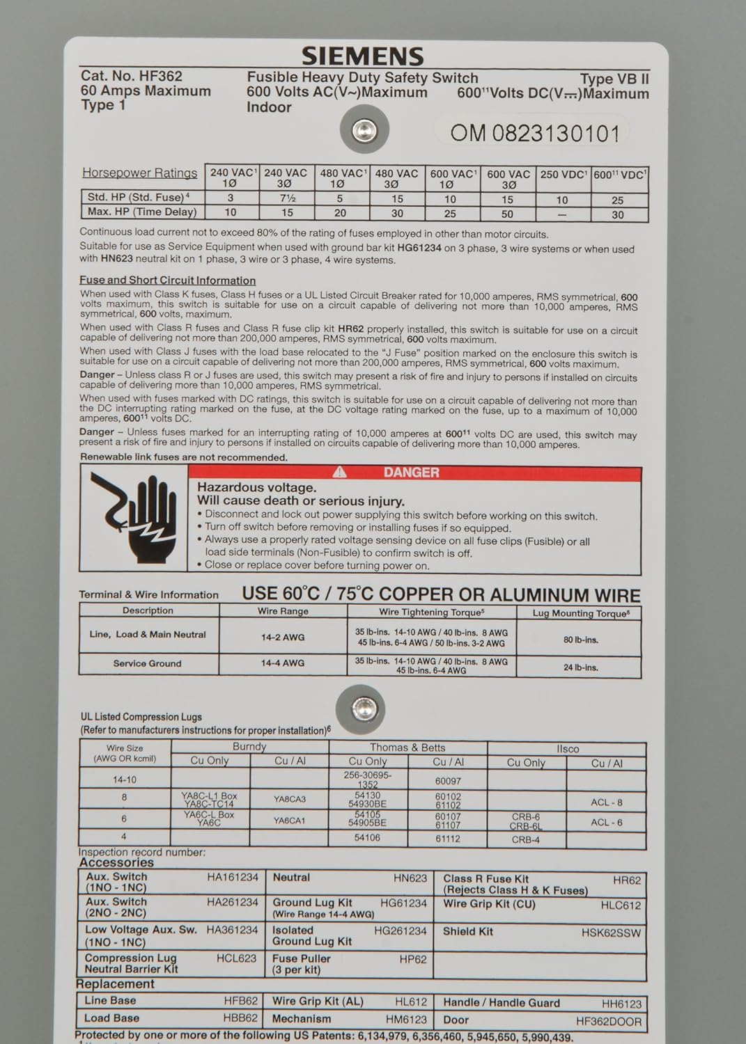 Siemens HF362 Safety Switch 60 Amp 600-Volt Steel Enclosure