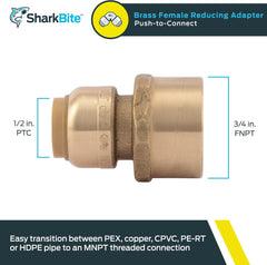 SharkBite U068LFA Brass Reducing Adapter 1/2 inch x 3/4 inch FNPT Push-to-Connect